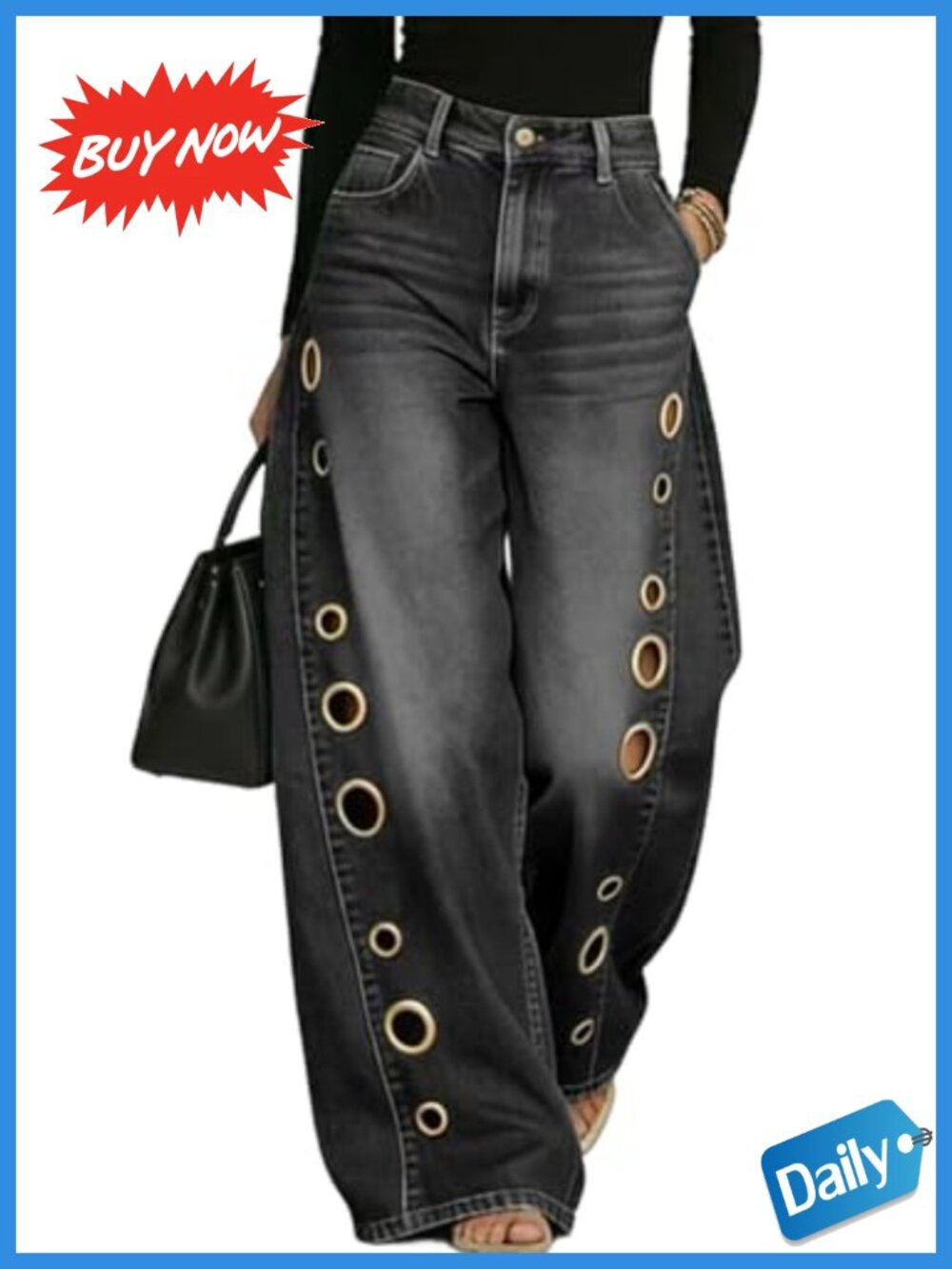 Women's High Waisted Wide Leg Jeans Eyelet Cut Out Y2K Denim Pants
